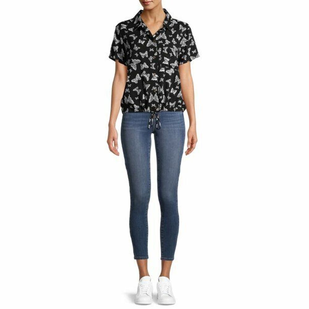 No Boundaries Juniors Woven Shirt Black Butterfly - Size L/G (11-13)